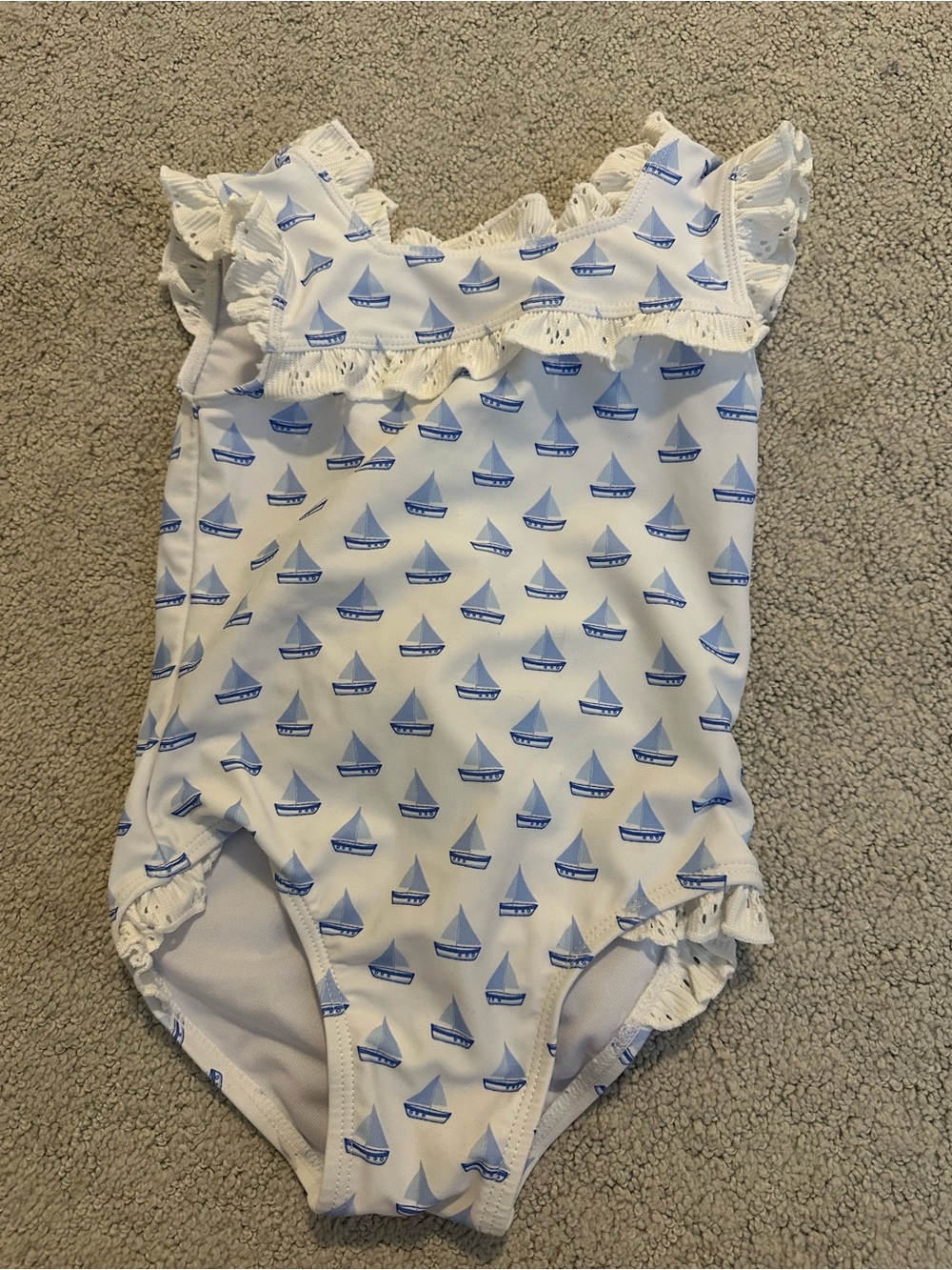 Edgehill Collection White & Light Blue Sailboat Ruffle One-Piece Swimsuit